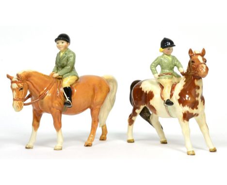 Beswick Girl on Pony, model No. 1499, Skewbald gloss and Boy on Pony, model No. 1500, Palomino gloss (2) (a.f)G on P - minor 