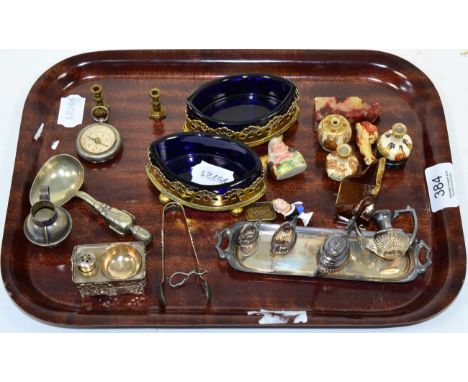 Miniature items including a silver four piece tea service on silver tray, three miniature Satsuma vases, compass, slipware ar