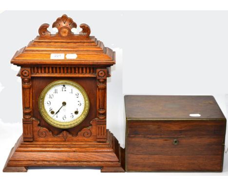 An Ansonia oak mantel clock and a 19th century rosewood box 