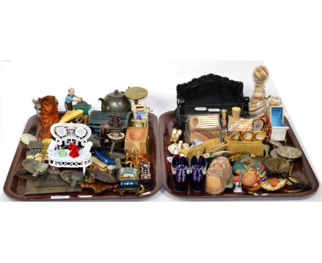 Assorted collectable items, dolls house items including metalwares, scent bottles, miniature green trunk, sand ornaments, min