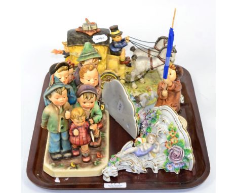 A Hummel coach and horses, 1997, with a figural group and another together with a pair of Sitzendorf figural brackets