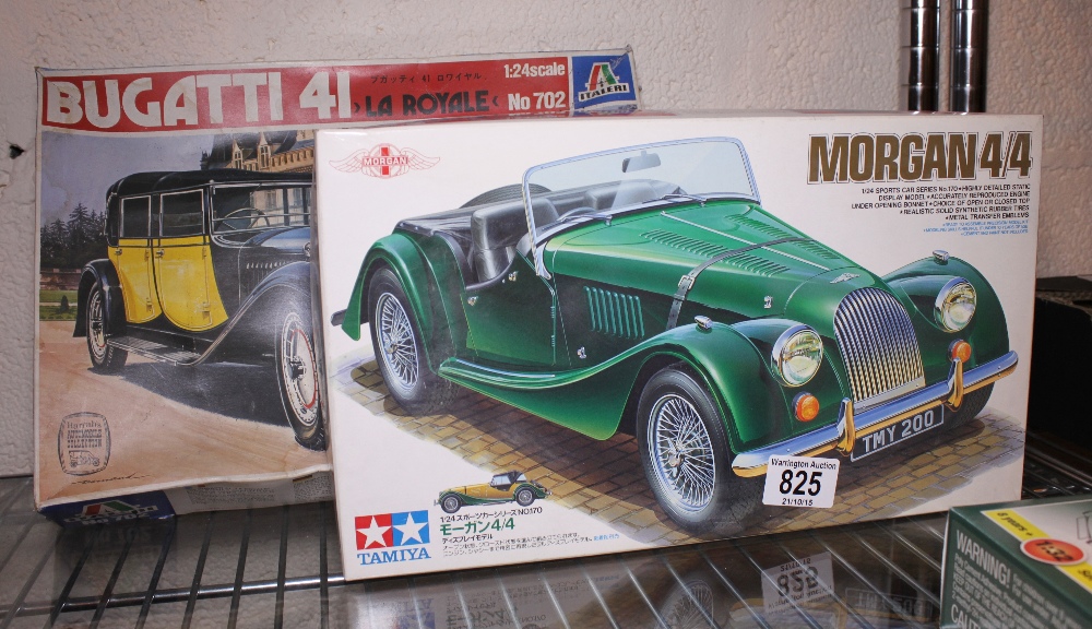 Two kit car models Tamiya Morgan and Italeri Bugatti 41