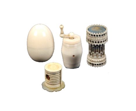 A mixed lot - sewing - four pieces comprising an ivory egg with white metal thimble, 4.8cm, an ivory cotton barrel with coffe