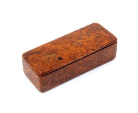 A burr walnut snuff box probably Scottish, original repair to lid filling an absent burr, full wooden hinge, out of the solid