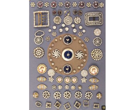 Buttons and Buckles - paste set examples c.92 including two large format buckles and smaller examples, the buttons including 