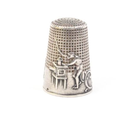 A French silver fairy tale or fable thimble after Vernon the frieze depicting a monkey with magic lantern, a turkey, dog and 