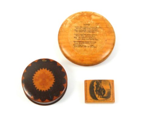 Mauchline ware - two snuff boxes and another comprising a small example, wooden hinge, the lid with transfer (Come away do, W
