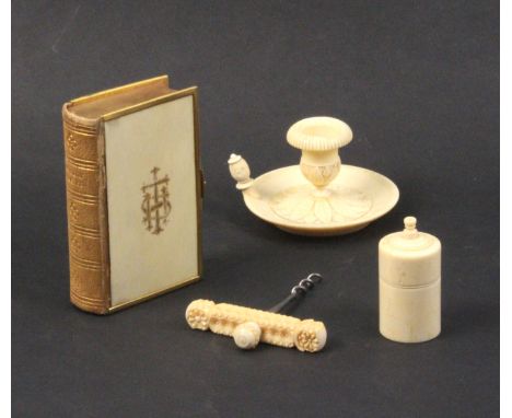 Four 19th Century ivory pieces comprising a chamber stick with carved stiff leaf decoration, repair to base, 8.5cm dia., a bo