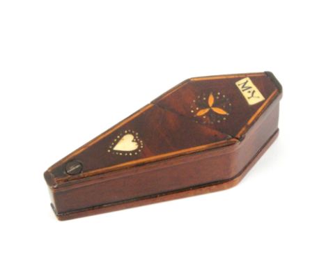 A good early 19th century mahogany coffin form puzzle snuff box, the lid with bone tablet 'M-Y', a pearl heart, an alternate 