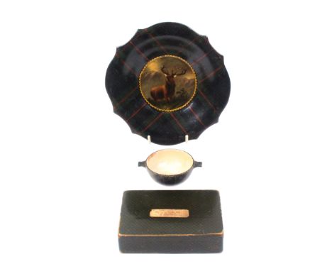 Tartan ware - three pieces - comprising a shaped circular dish (+++Bay/central painted panel of a stag after Landseer), 17.5c