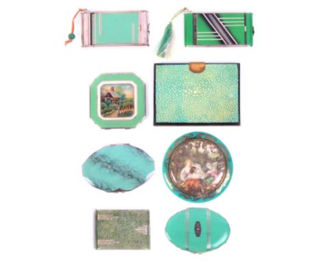 Eight vintage powder compacts comprising two camera form examples incorporating cigarette cases and lipsticks, largest 10cm, 