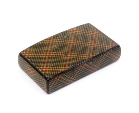 A Scottish 'Tartan' line decorated snuff box, full wooden hinge, 30% foil interior, stamped 'W Johnson, Auchinleck', 8.2cm