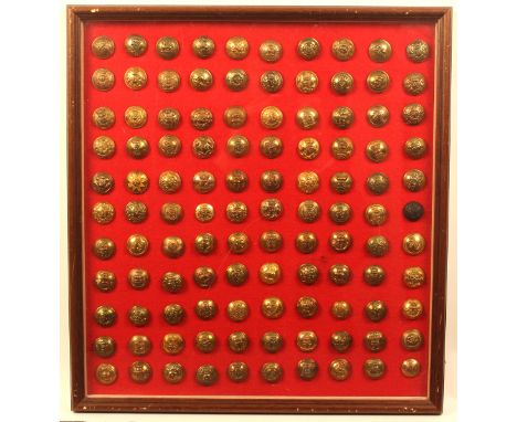 Buttons - military - a framed display of 110 - mostly pre-1901 and arranged numerically from 1-109, mainly brass, a few gilt,