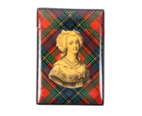 Tartan ware - a card case (M'Lean) one side with an applied bust portrait print of a lady, hinged cover, 10.5 x 7.2cm