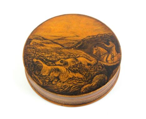 Mauchline ware - a good circular table snuff box the lid in pen work with a huntsman on horse with two dogs in a landscape, t