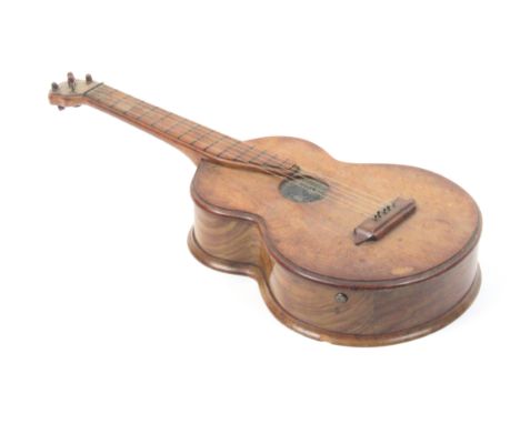 A late 19th Century Italian olivewood sewing box in the form of a guitar, rouched blue silk interior with mother of pearl han