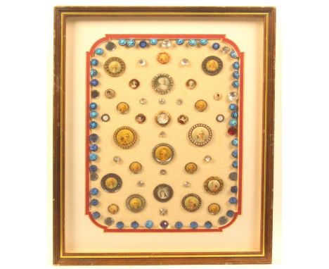 Buttons - dress and costume - three framed displays comprising a framed display of 11 including four floral porcelain and two