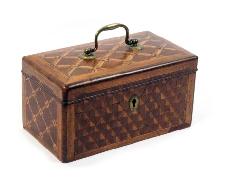 A George III inlaid mahogany tea caddy of rectangular form, the front and back with geometric panels, the sides and cushion t