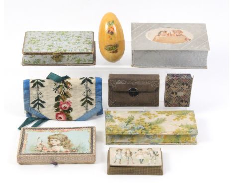 A group of smaller format sewing companions including a wooden egg with bone and other tools, 10cm, a tooled leather wallet f