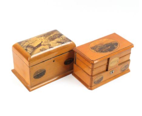 Mauchline ware - two boxes comprising a rectangular tea caddy, two internal lids (top - photographic Pass of Killiecrankie/Pi