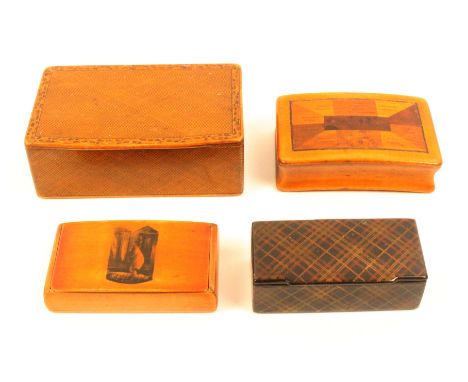 Three Scottish snuff boxes and another, comprising a large example, full wooden hinge decorated in cross hatch pen work, the 
