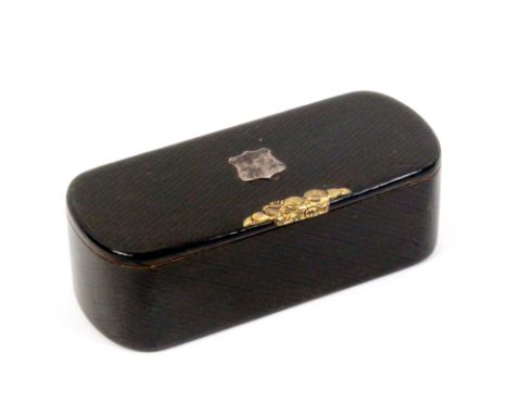 A Scottish green ground line decorated snuff box of rounded end rectangular form, lid with white metal shield initialled 'AB'