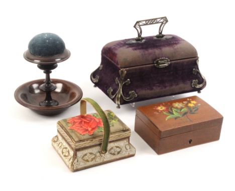 Three small format sewing companions and a pin cushion comprising a fancy cardboard example, 'The Princess Needle Basket' fit