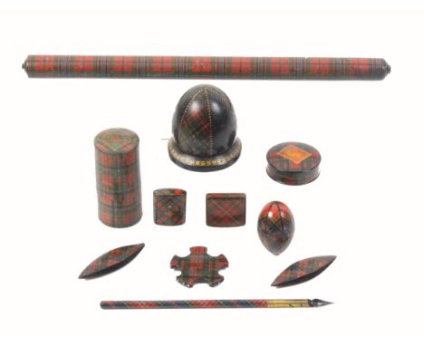 Tartan ware - eleven pieces comprising a small snuff (Hay), 3.2cm, an oval section box (M'Farlane), 3cm, a dip pen, untitled,