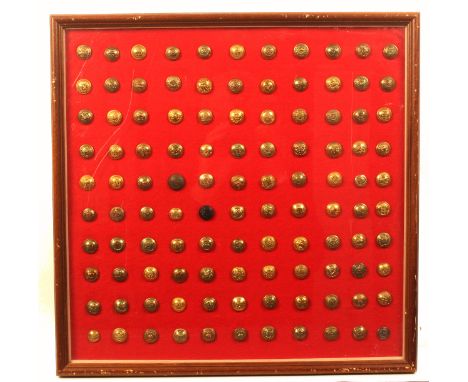 Buttons - military - a framed display of 110 - mostly pre-1901 and arranged numerically 1-109, mainly brass, a few gilt and o