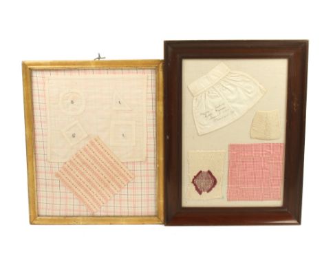 Two framed educational sample panels, comprising an example with four samples, including a miniature apron inscribed in ink _