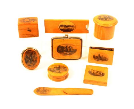 Mauchline ware - nine pieces comprising a rectangular purse (Hawarden Castle - Made From Tree Felled By The Right Hon W.E. Gl