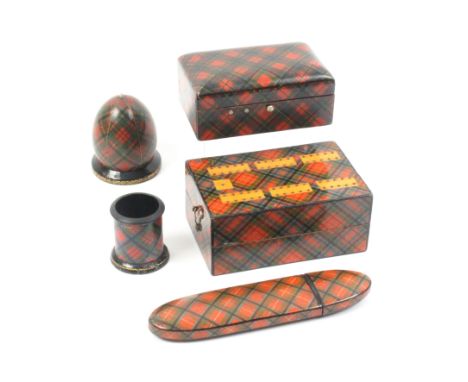 Tartan ware - five pieces - comprising a hinged cribbage box (Caledonia), internal printed label 'Use Clark and Cos Extra Qua