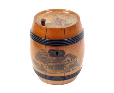 A mid 19th Century continental white wood barrel form tea caddy, the hinged lid with transfer of children playing, the front 