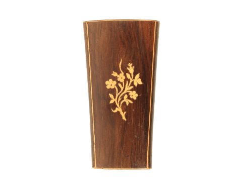 A mid-19th century rosewood etui of tapering form and oval section, the hinged lid inlaid with flowers, catch and all tools l