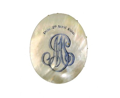 A French mother of pearl and disc form pin cushion engraved and highlighted in blue to one side 'Dim. 29 Avril 1866' over the
