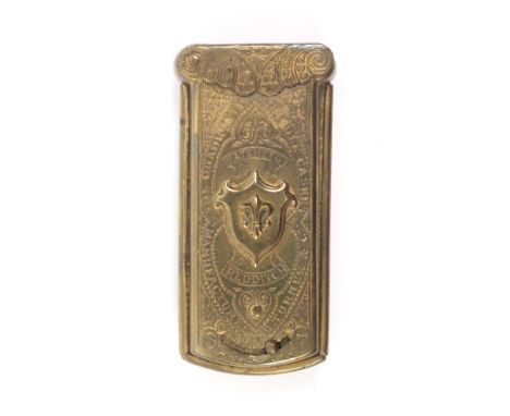 An Avery style brass needle packet case 'The Quadruple Needle Casket Manufactured By R Turner and Co, Redditch' fleur de lis,