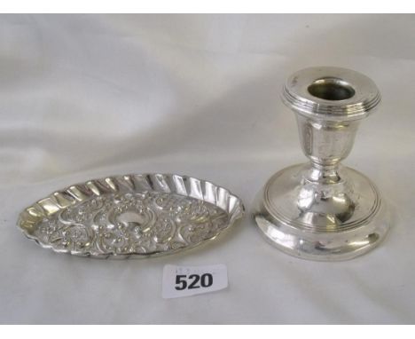 An oval pin dish with embossed centre 5” wide Chester  1895 also a candle stick      