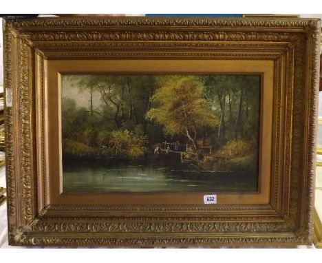D. Morris – Figures playing by river 12” x 20” signed  