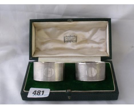 Boxed pair heavy engine turned napkin rings Lon  1933 by SJR  85g       