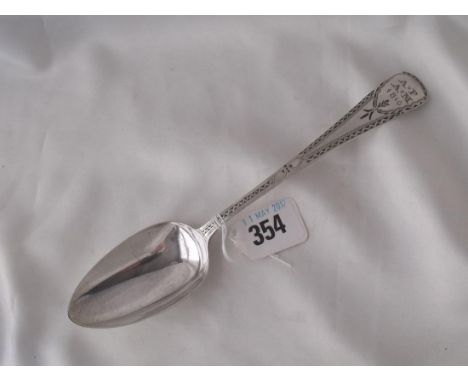 Exeter – bright cut table spoon with contemporary  initials circa 1810 by RF  40g     