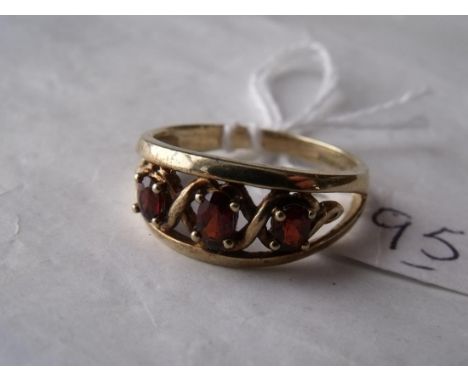 Three stone fancy 9ct mounted garnet ring approx  size 'R'         