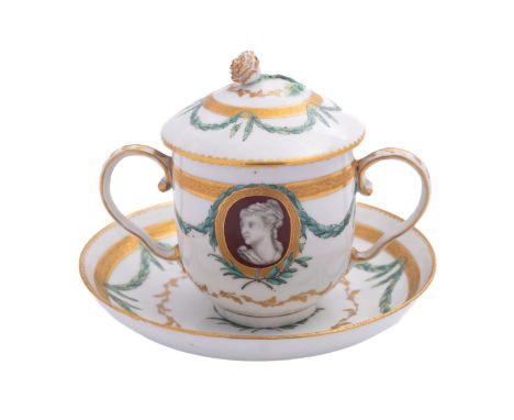 A Champion's Bristol 'classical portraits' chocolate cup, cover and stand with bud finial, painted with classical heads withi