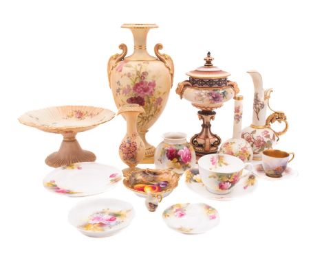A mixed lot of Royal Worcester porcelain, late 19th/20th century  including a blush ivory two-handled baluster vase painted w