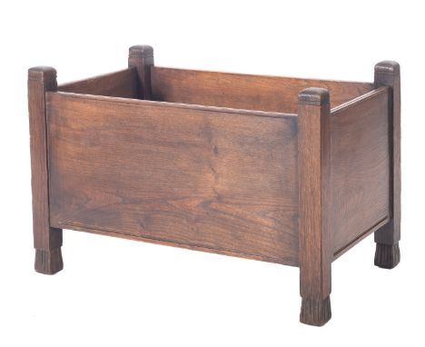 A chestnut and elm rectangular plant trough, with square section supports and fluted splayed feet, 68cm x 42cm x 45cm.