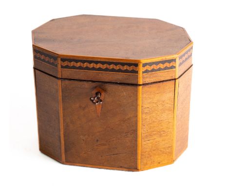 A George III walnut, sycamore strung and parquetry tea caddy, late 18th century; of decagonal section, the hinged cover with 