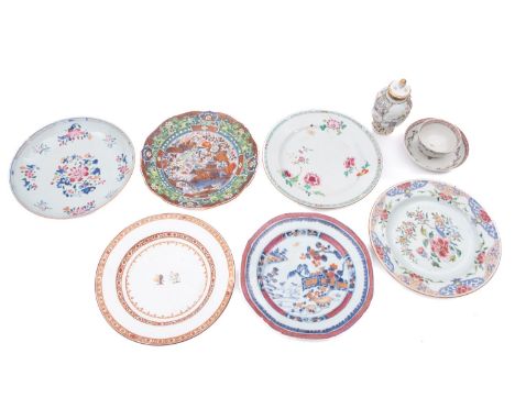 A mixed lot of Chinese famille rose and similar wares, majority Qianlong  comprising a baluster teapoy and replacement cover,