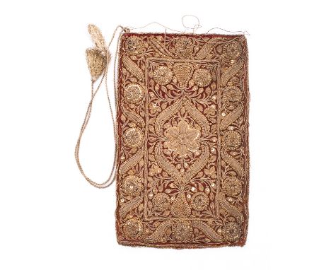 A gold metal thread and sequin embroidered reticule, probably a gaming purse or 'sweete bag', English, late 18th /early 19th 