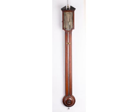 J. Somalvico, London a mahogany stick barometer, the silvered dial having barometric markings, inset thermometer, Vernier gau