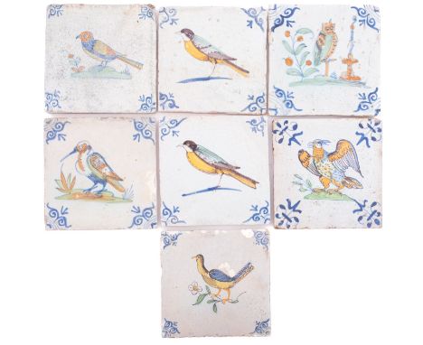 A group of seven Dutch delftware polychrome tiles painted with birds including an owl and an eagle, late 17th/18th century, 1