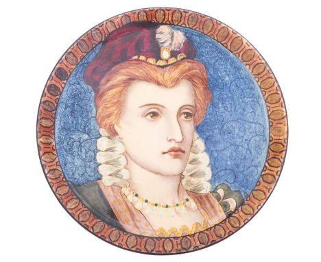 A Doulton Lambeth faience charger, painted with a head and shoulders portrait of an Elizabethan lady by Elizabeth Hamilton, m